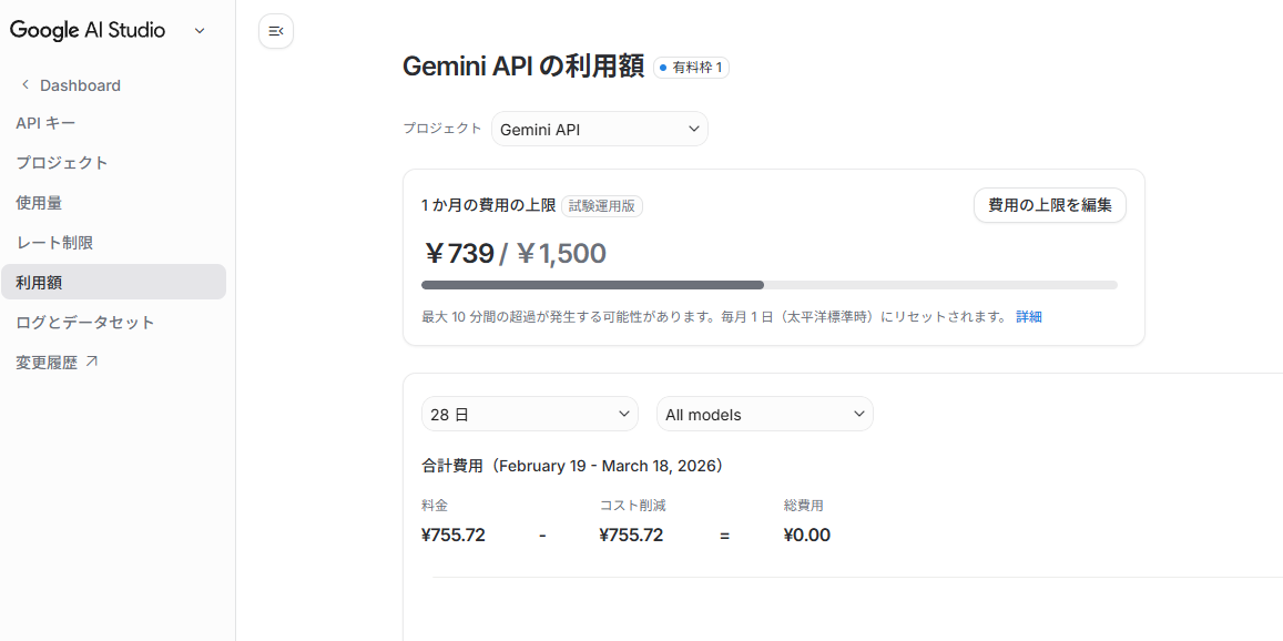 Google AI Studio の Gemini API 利用額画面