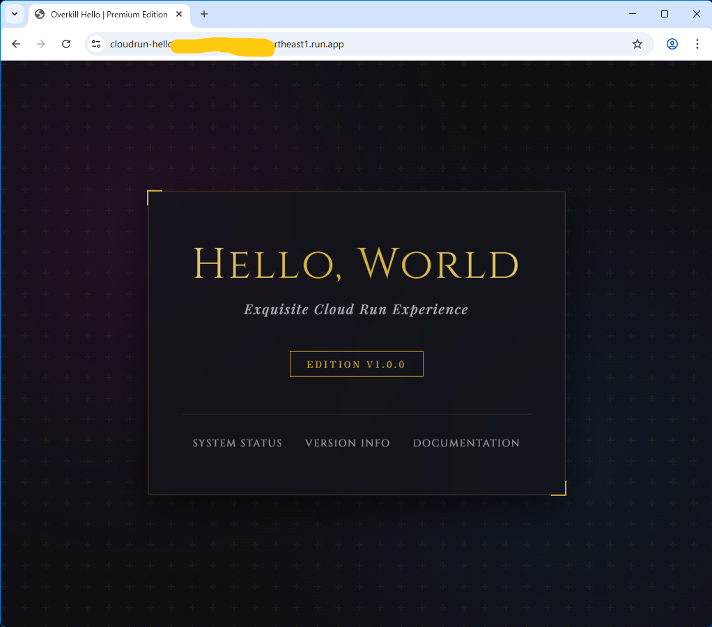デプロイ後に Service URL（cloudrun-hello-********.asia-northeast1.run.app）にアクセスし、HELLO, WORLD が表示されたブラウザ画面。