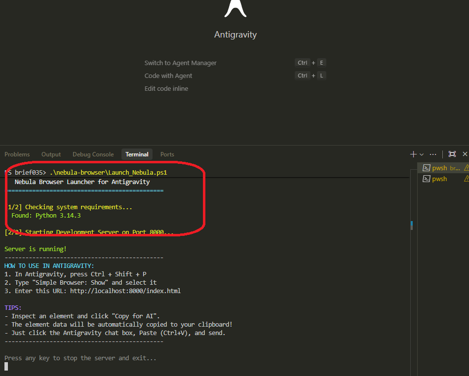 Launch_Karaage.ps1 実行後のターミナル