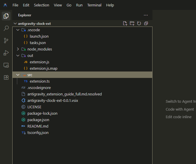 Antigravity拡張機能プロジェクトの最終的なフォルダ構成（Node利用、.vscode、out、src など）
