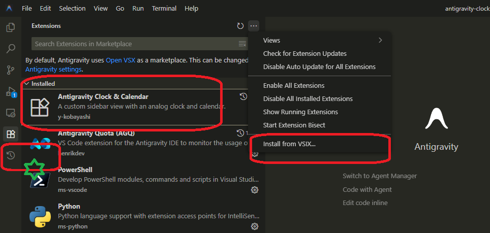 デバッグ完了後、配布パッケージを他環境で Install from VSIX からインストールした様子