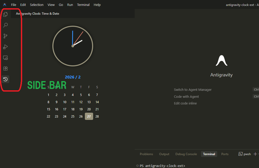 サイドバー（Activity Bar）と Webview。左に拡張機能アイコン、右に時計・カレンダーが表示されたパネル。