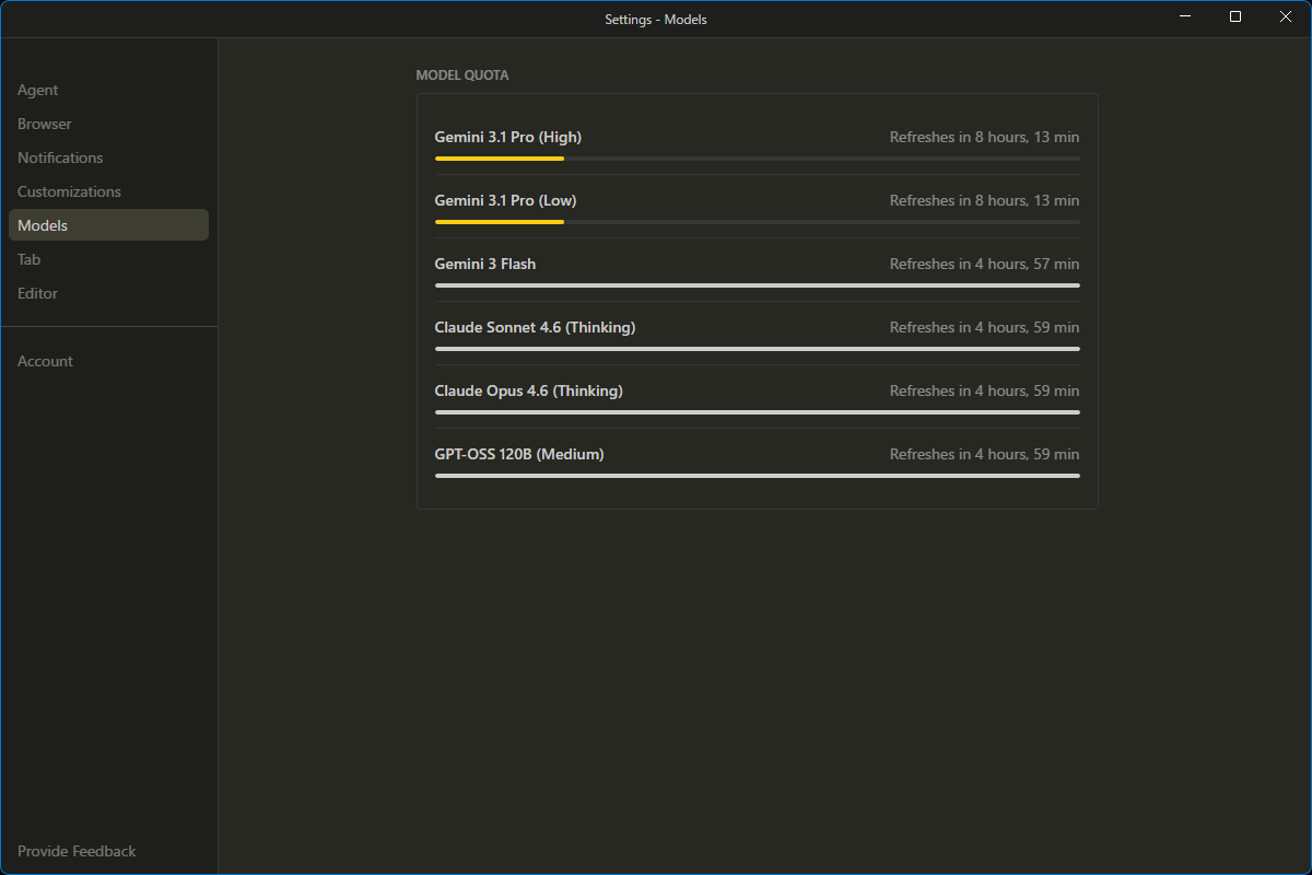 Antigravity クオータ制限の設定画面