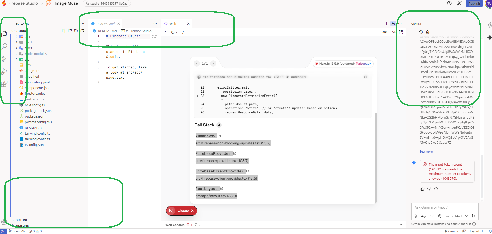 Code ビュー全体。EXPLORER・エディタ・プレビュー・Gemini チャットが並ぶ(VS Code 風UI)