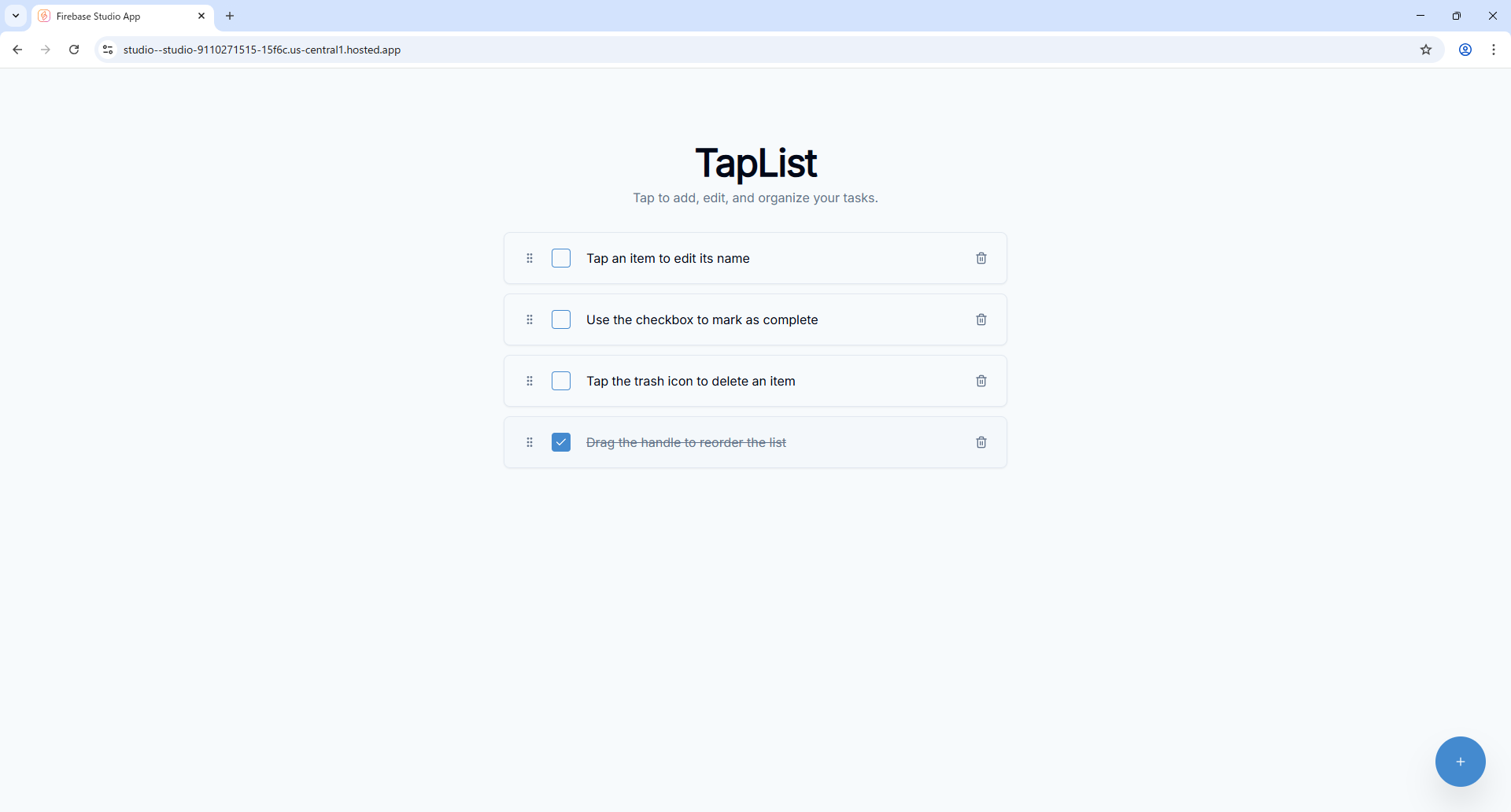 公開された TapList アプリ。タップで追加・編集・削除・並び替えできる ToDo 風の画面