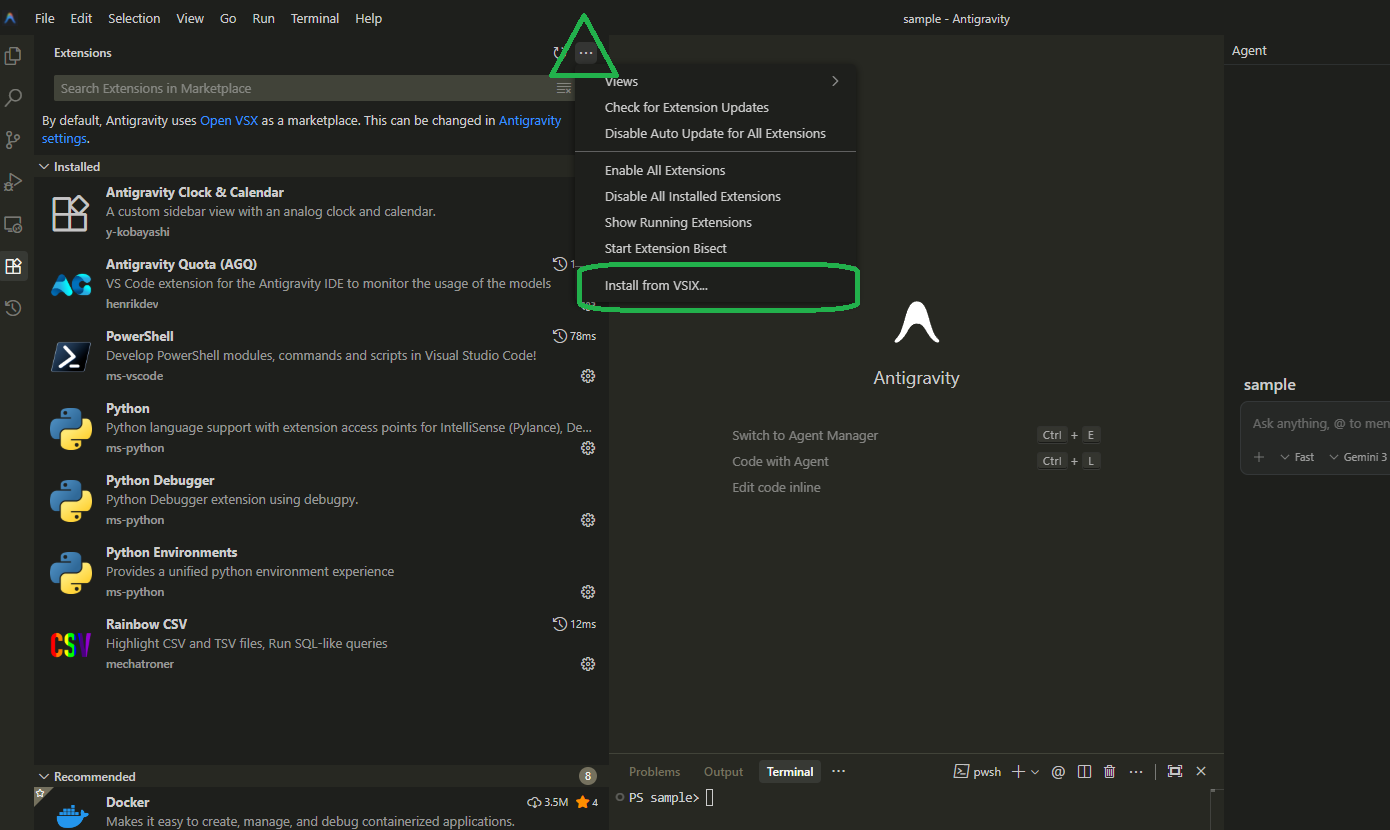拡張機能ビューの「…」メニューから「Install from VSIX…」を選択
