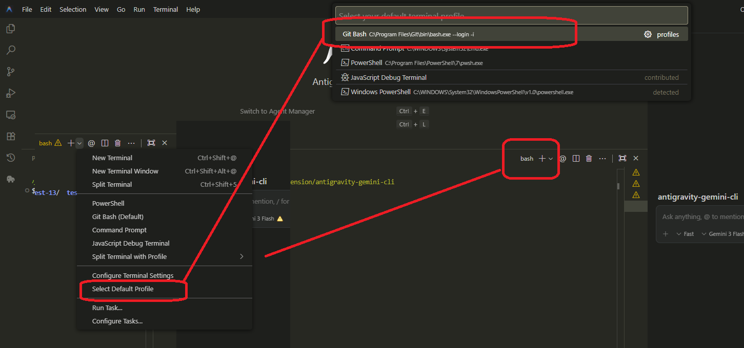 Antigravity で Select Default Profile を開き、Git Bash を選んでいる画面。