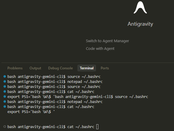 .bashrc を編集し、export PS1 と source を実行したターミナル。