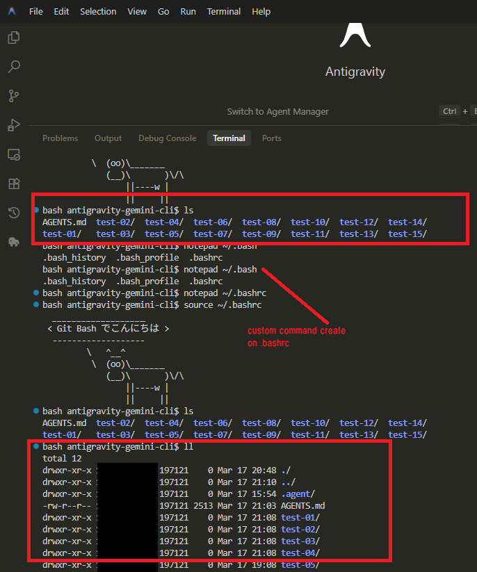 alias ll で ls -la を実行した様子。custom command create on .bashrc の注釈付き。