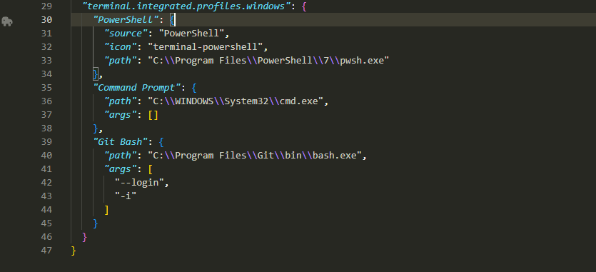 settings.json の terminal.integrated.profiles.windows に Git Bash を追加した例。