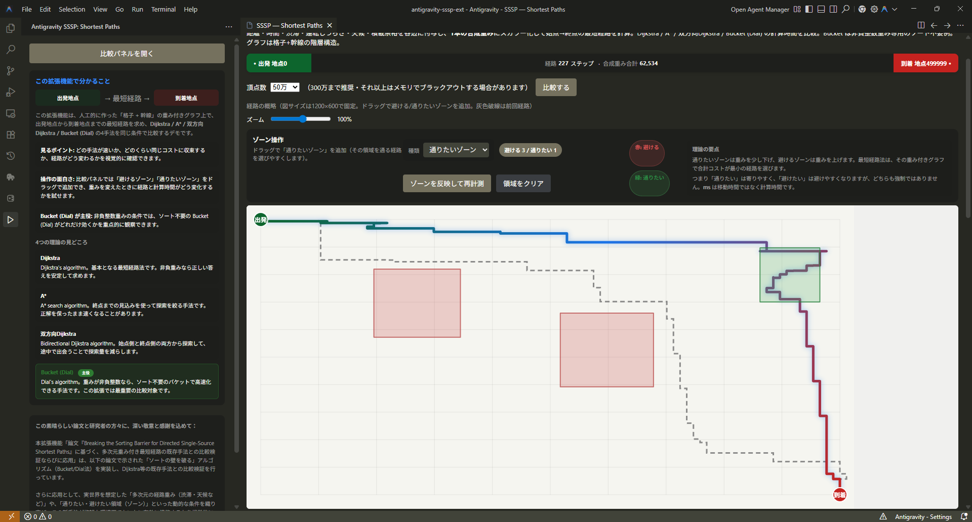 5万頂点で避ける・通りたいゾーンを置き青い経路が迂回する画面